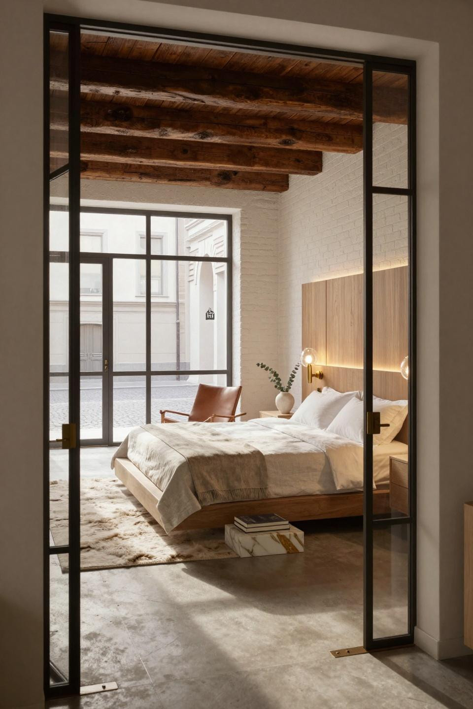 Hotel vibe bedroom blending Scandinavian serenity with Calacatta marble integrated nightstands