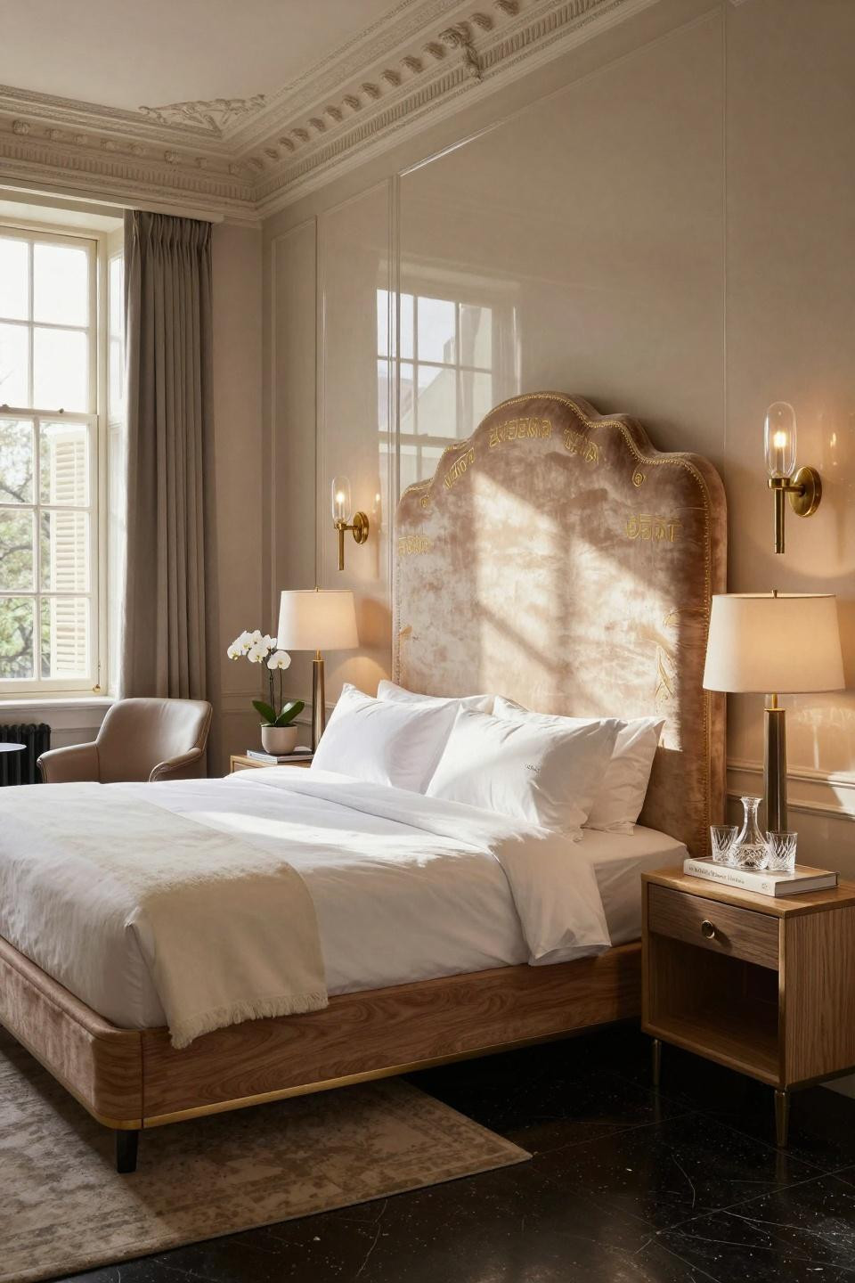Hotel vibe bedroom featuring champagne velvet headboard with gold leaf Greek key pattern