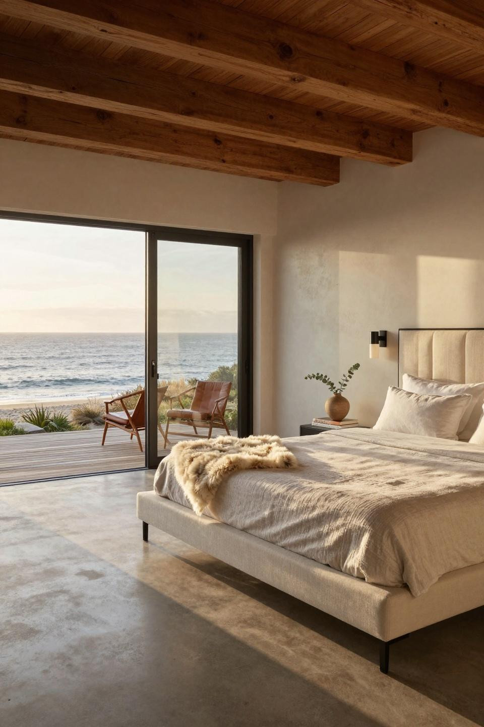 Hotel vibe bedroom with floor-to-ceiling Belgian linen headboard and Pacific views
