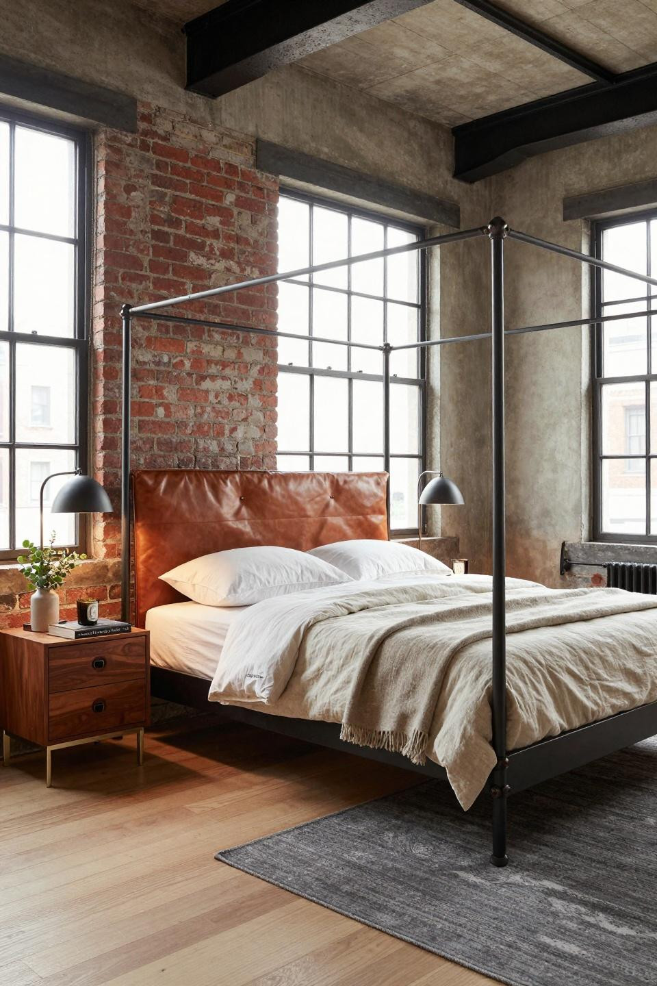 Hotel chic bedroom featuring custom-welded blackened steel four-poster bed