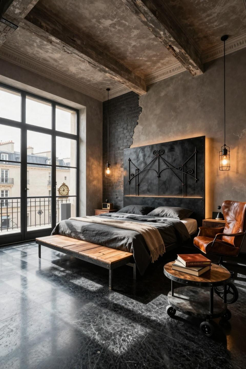 Hotel room interior design merging industrial refined aesthetic with futurist elements