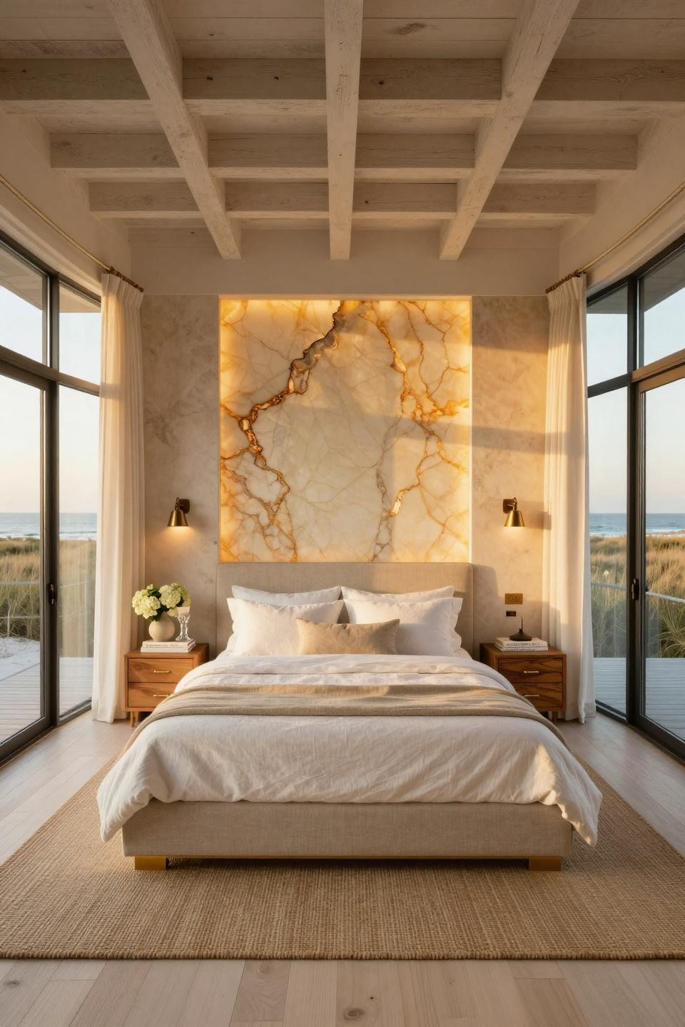 Hotel bedroom at home featuring backlit honey onyx accent wall