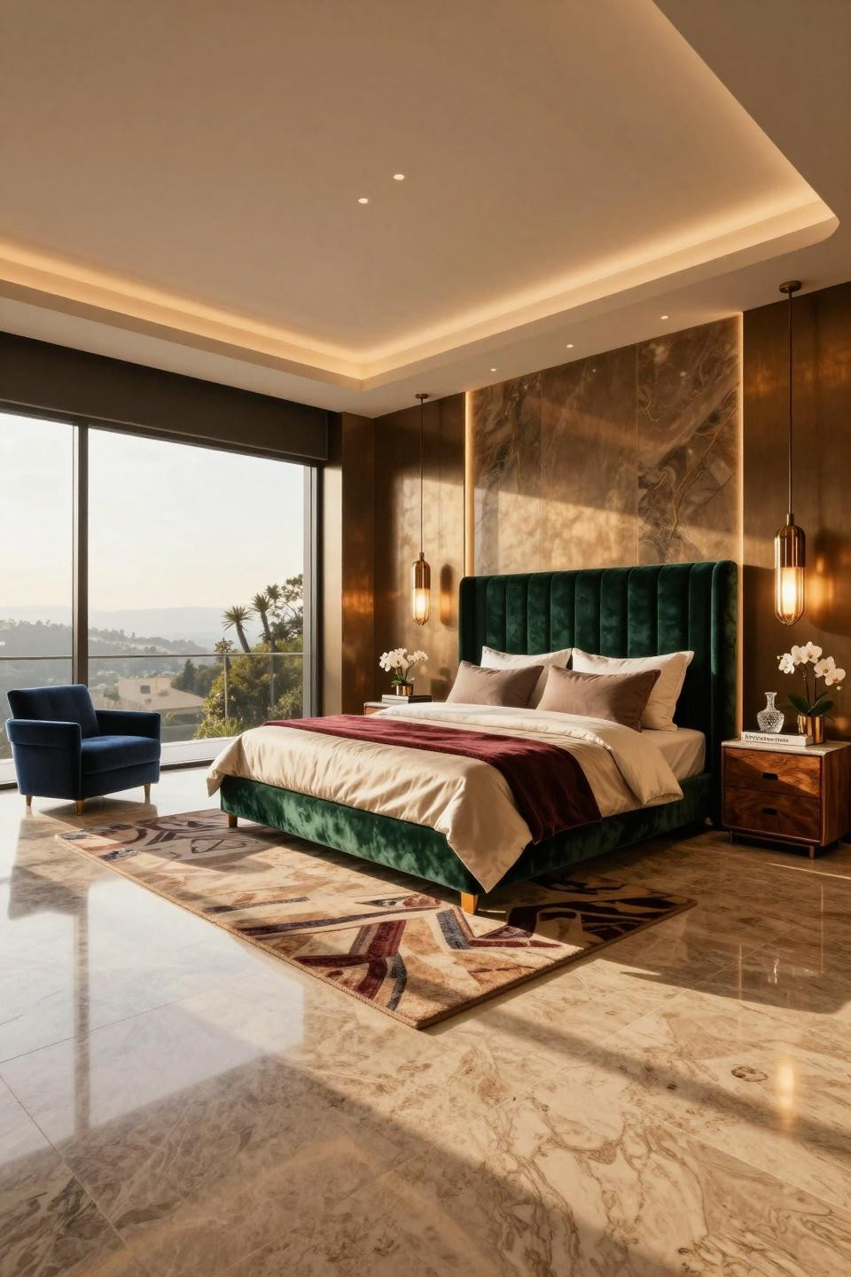 Hotel room design boutique featuring ceiling-height emerald velvet headboard
