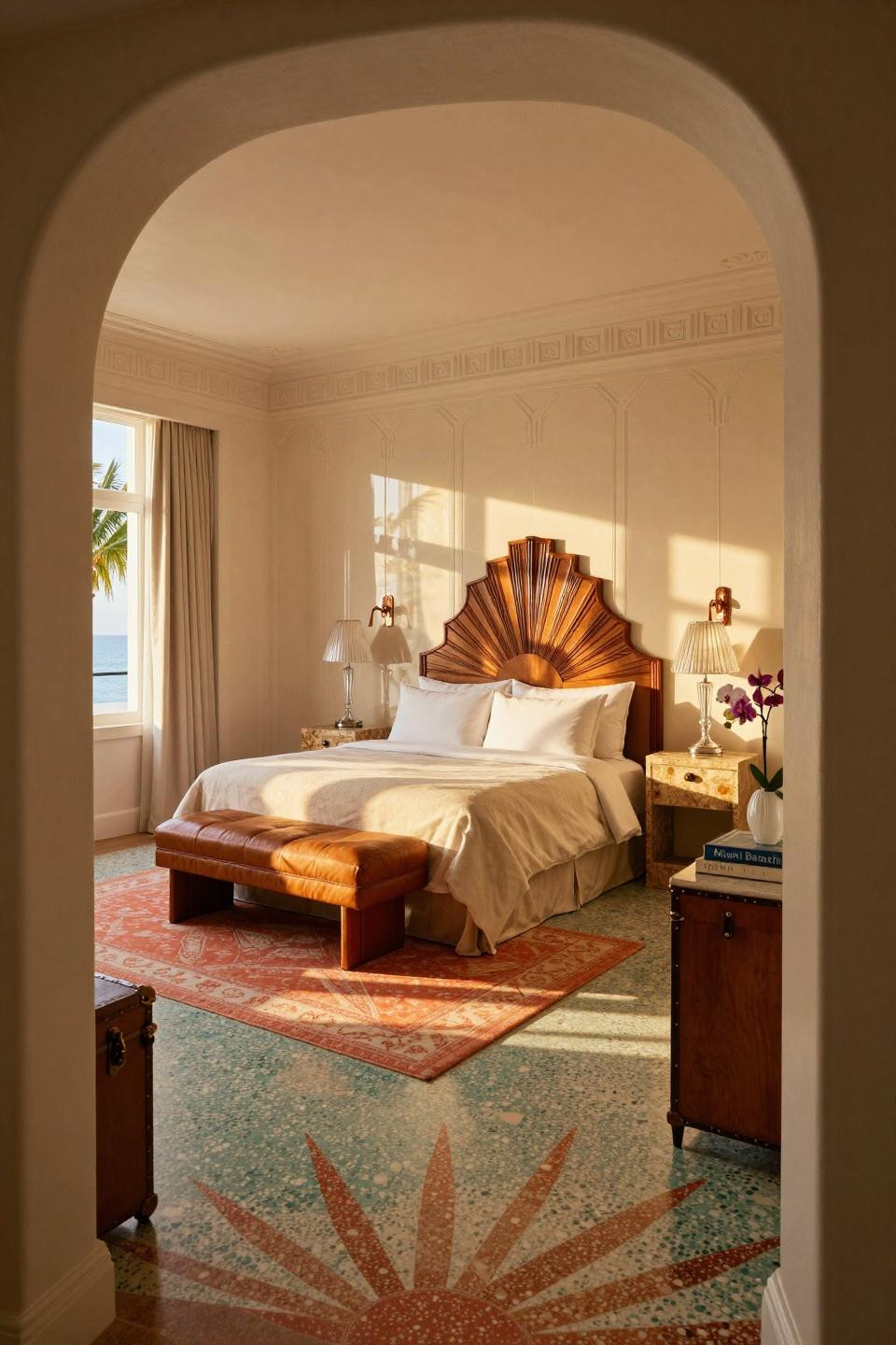 Hotel suite room design featuring Calacatta quartzite headboard in Art Deco penthouse