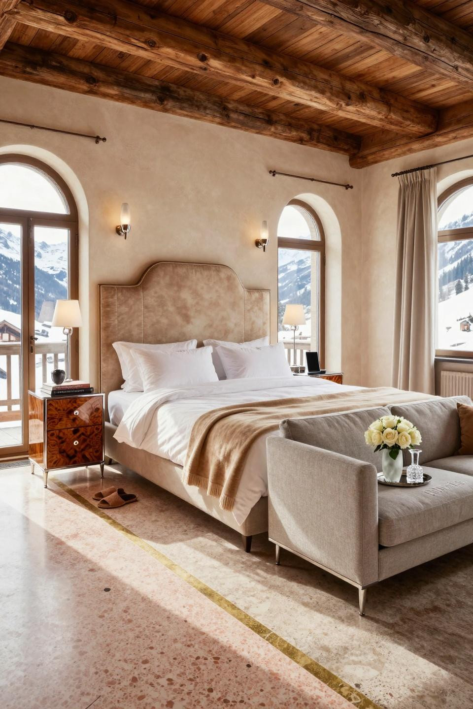 Luxury hotel room design blending French Riviera coastal elegance with Alpine materials