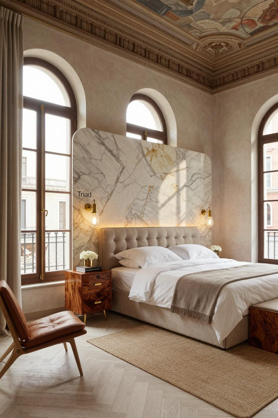 Hotel room interior luxury featuring tufted Calacatta marble headboard wall
