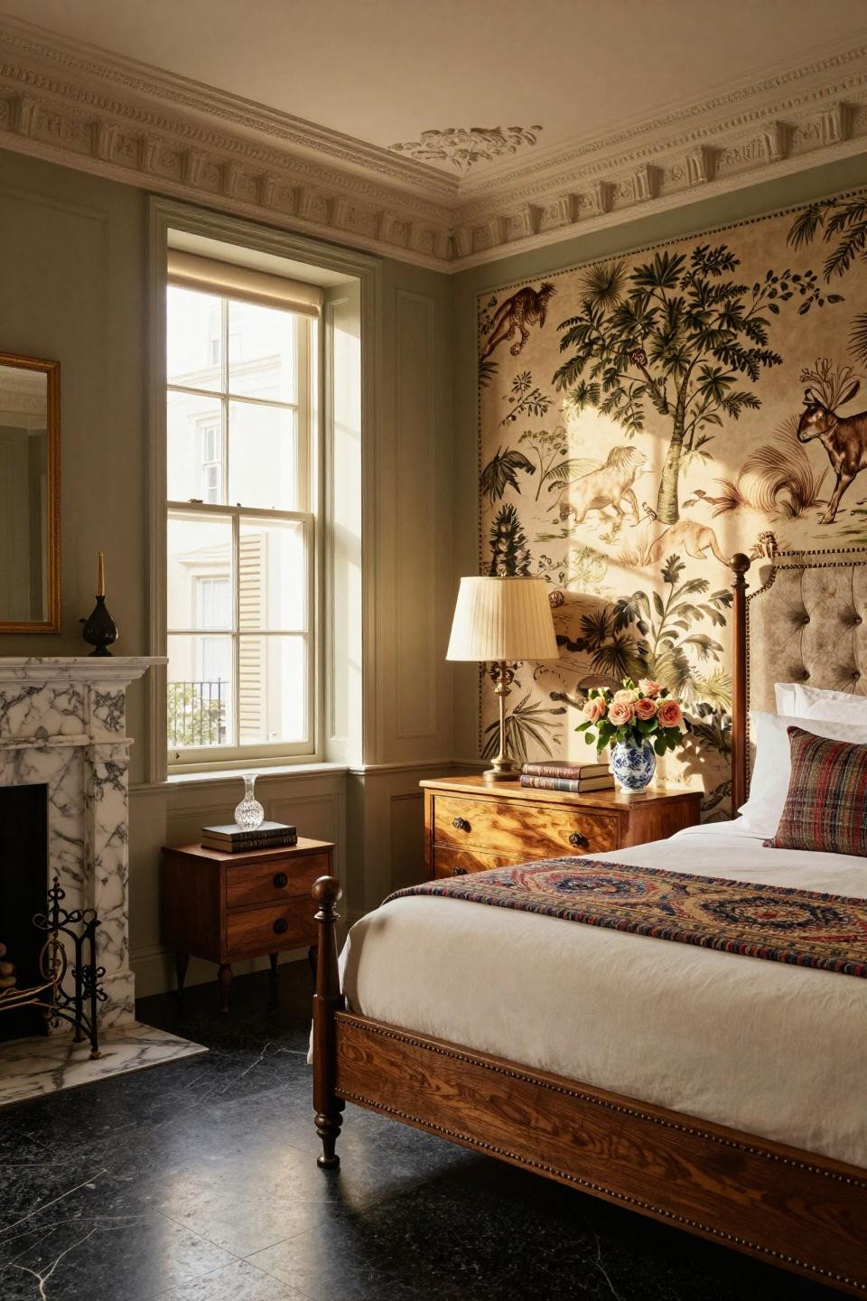 Hotel inspired bedroom with floor-to-ceiling toile headboard in London Georgian townhouse