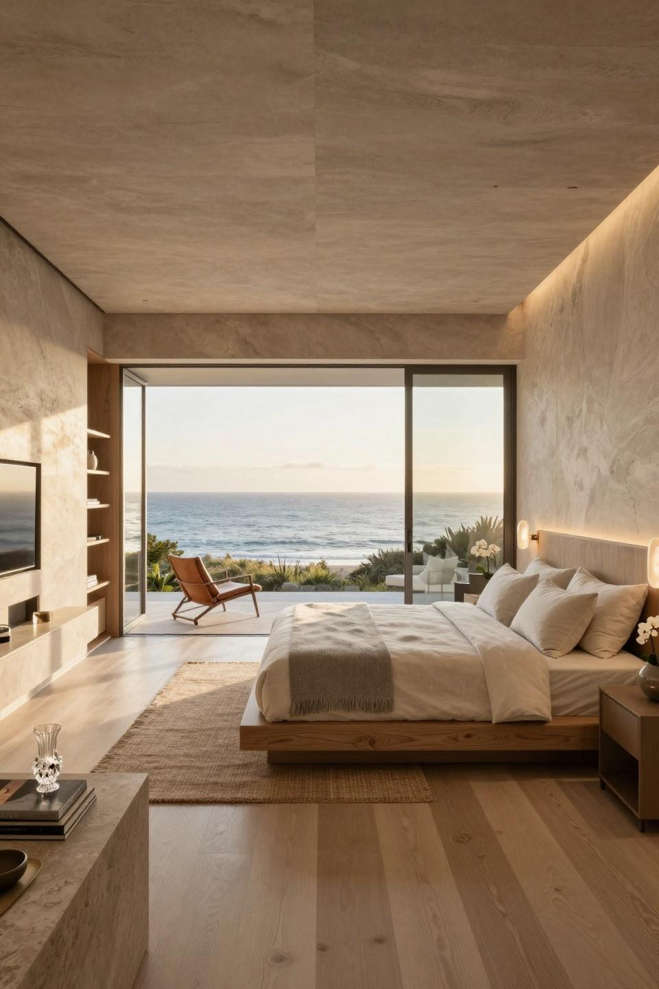 Boutique hotel bedroom ideas featuring Calacatta marble and Pacific Ocean views