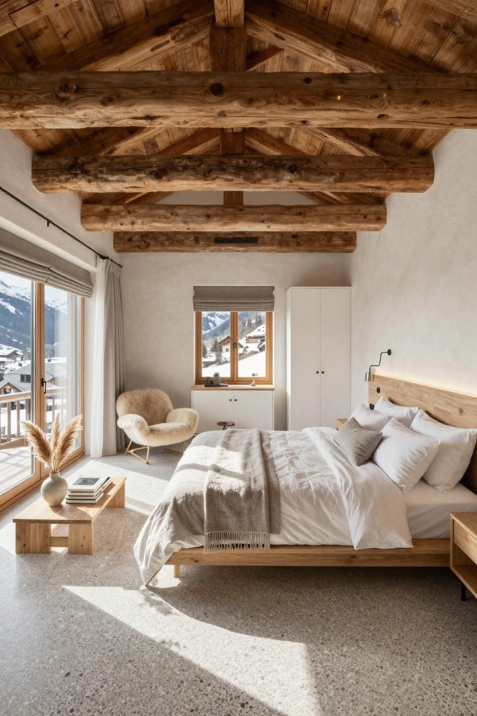 Hotel vibe bedroom featuring Scandinavian minimalist luxury in Alpine chalet