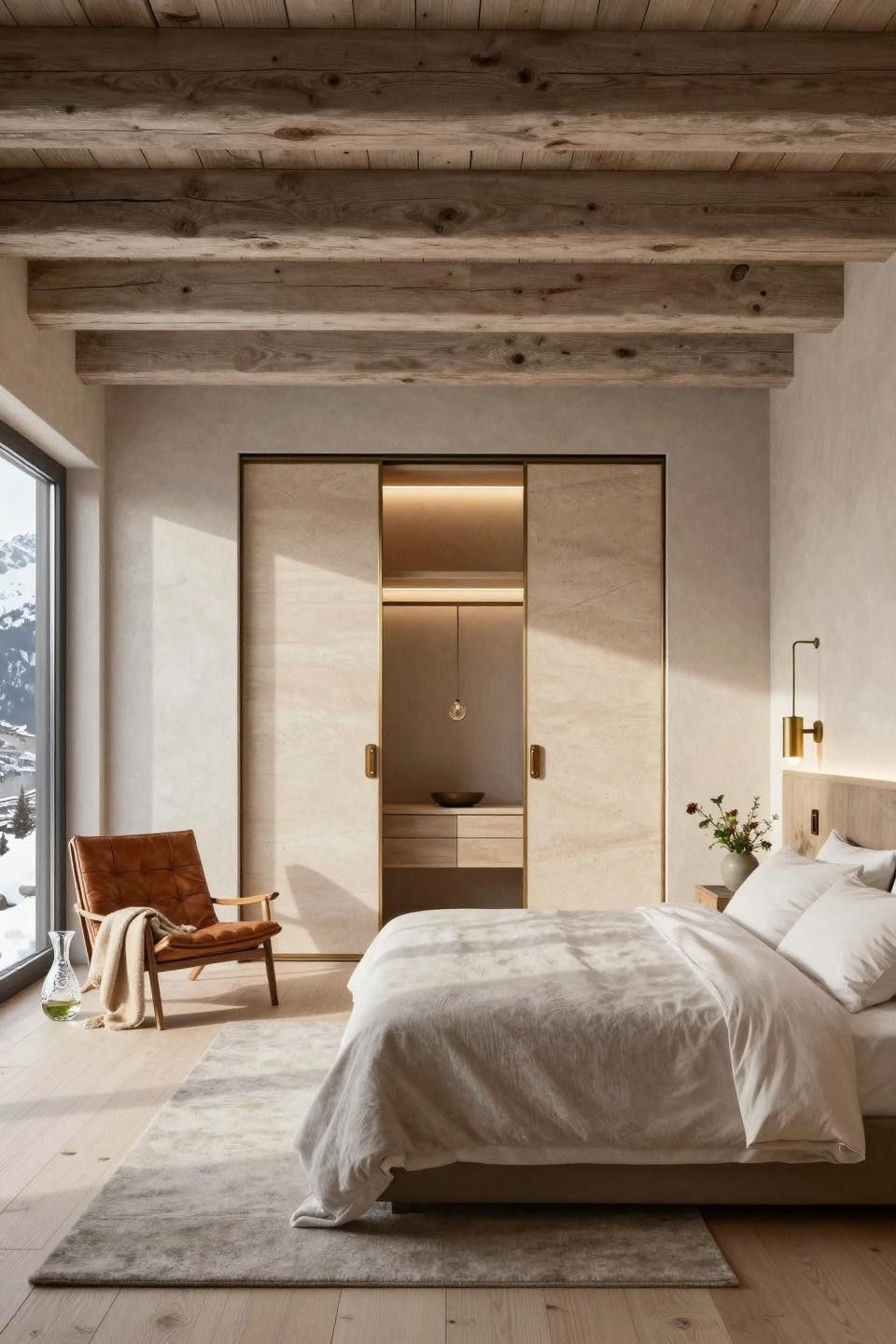 Sliding wardrobe design bedroom ideas with natural stone panels and saddle leather accents