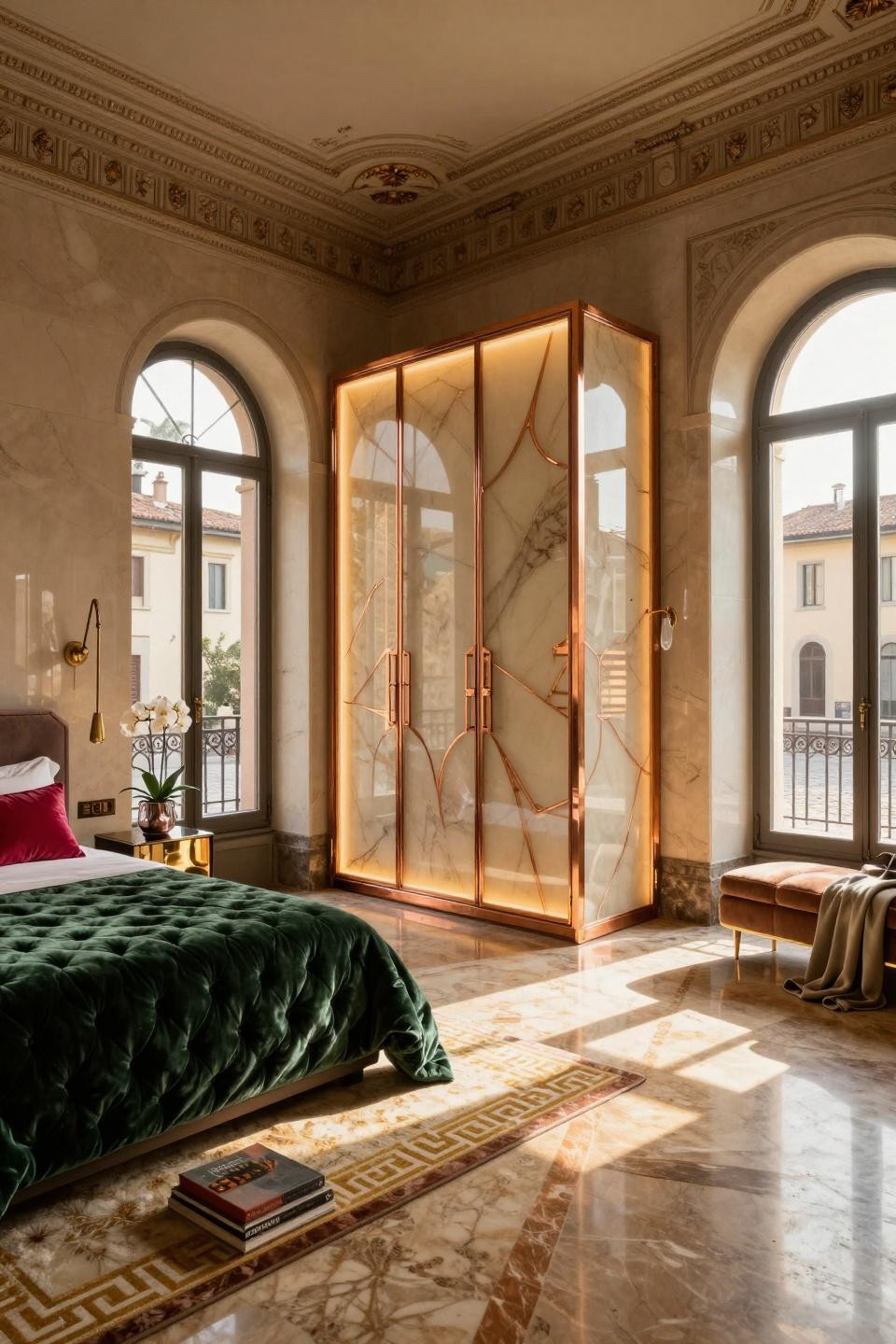 Sliding wardrobe interior design with backlit champagne quartzite and aged copper frames