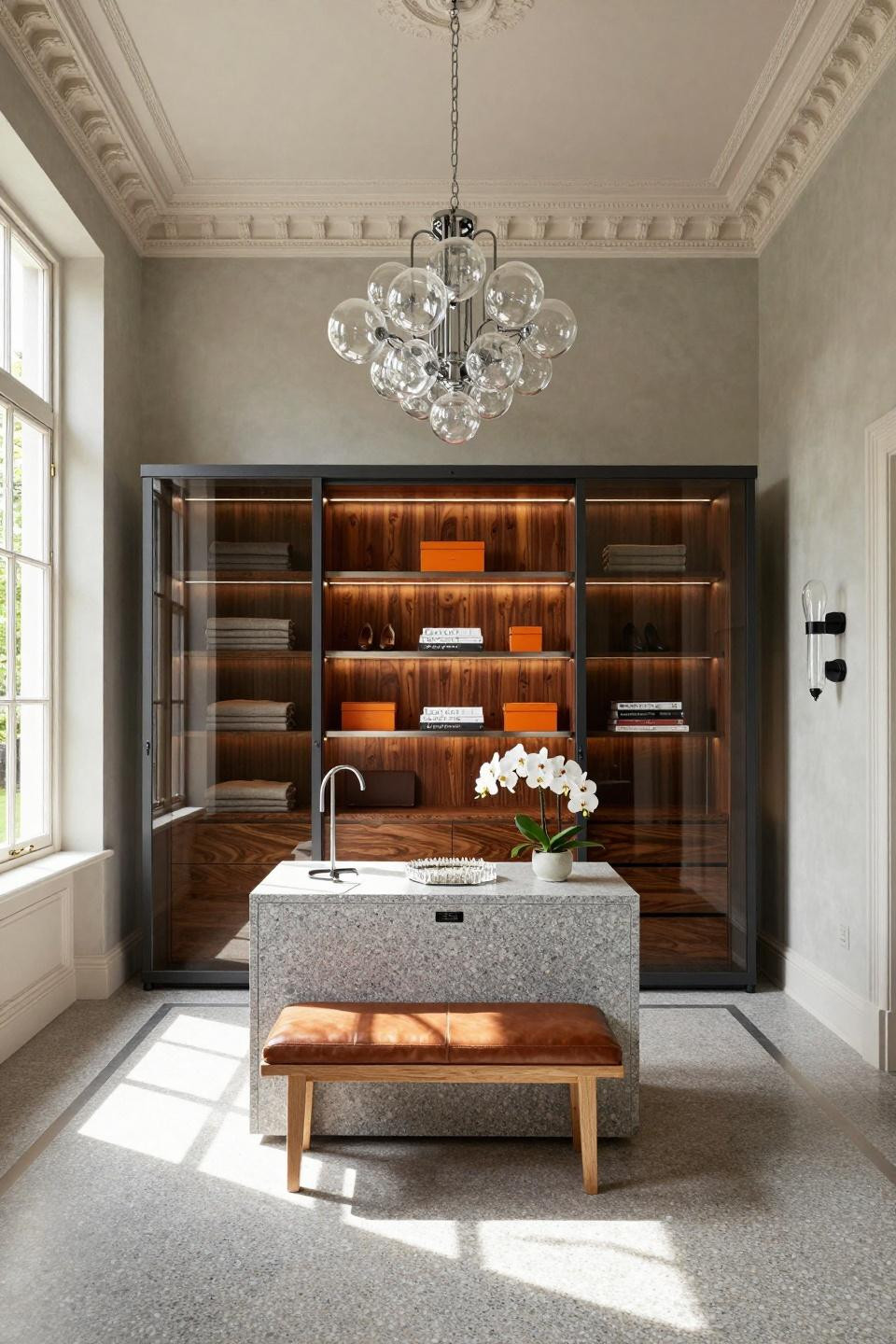 Latest sliding wardrobe designs with blackened steel and smoked glass museum-quality systems