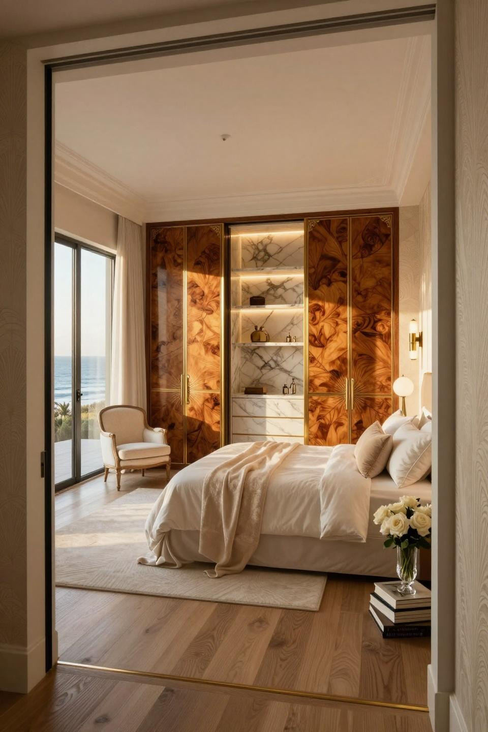 Modern wardrobe design sliding doors with book-matched walnut burl veneer and brass inlay