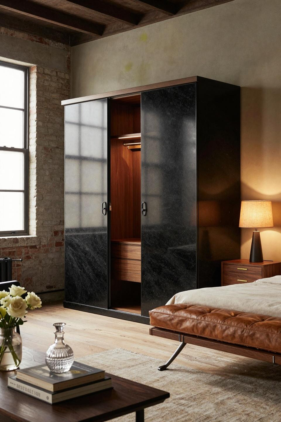 Modern closet designs with honed absolute black granite panels and hand-forged wrought iron