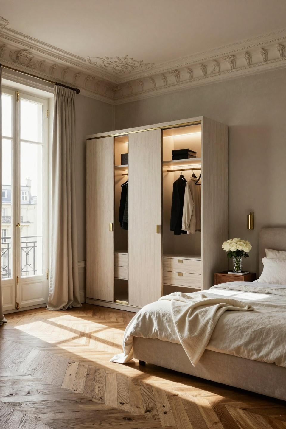 Sliding wardrobe ideas with French limestone panels and satin nickel hardware