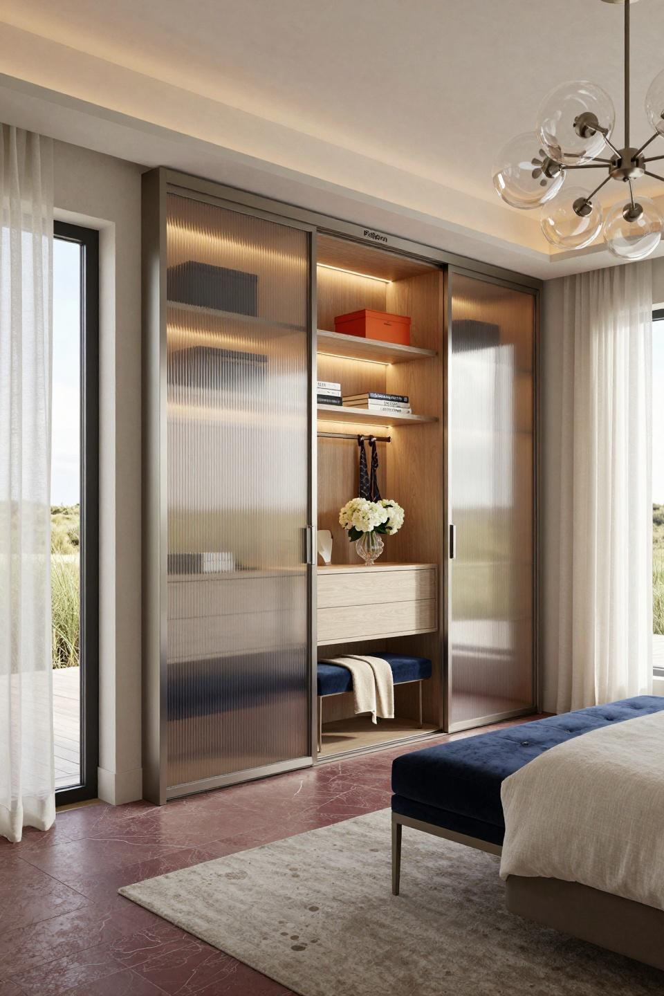 2 sliding door wardrobe design with brushed nickel frames and frosted reeded glass