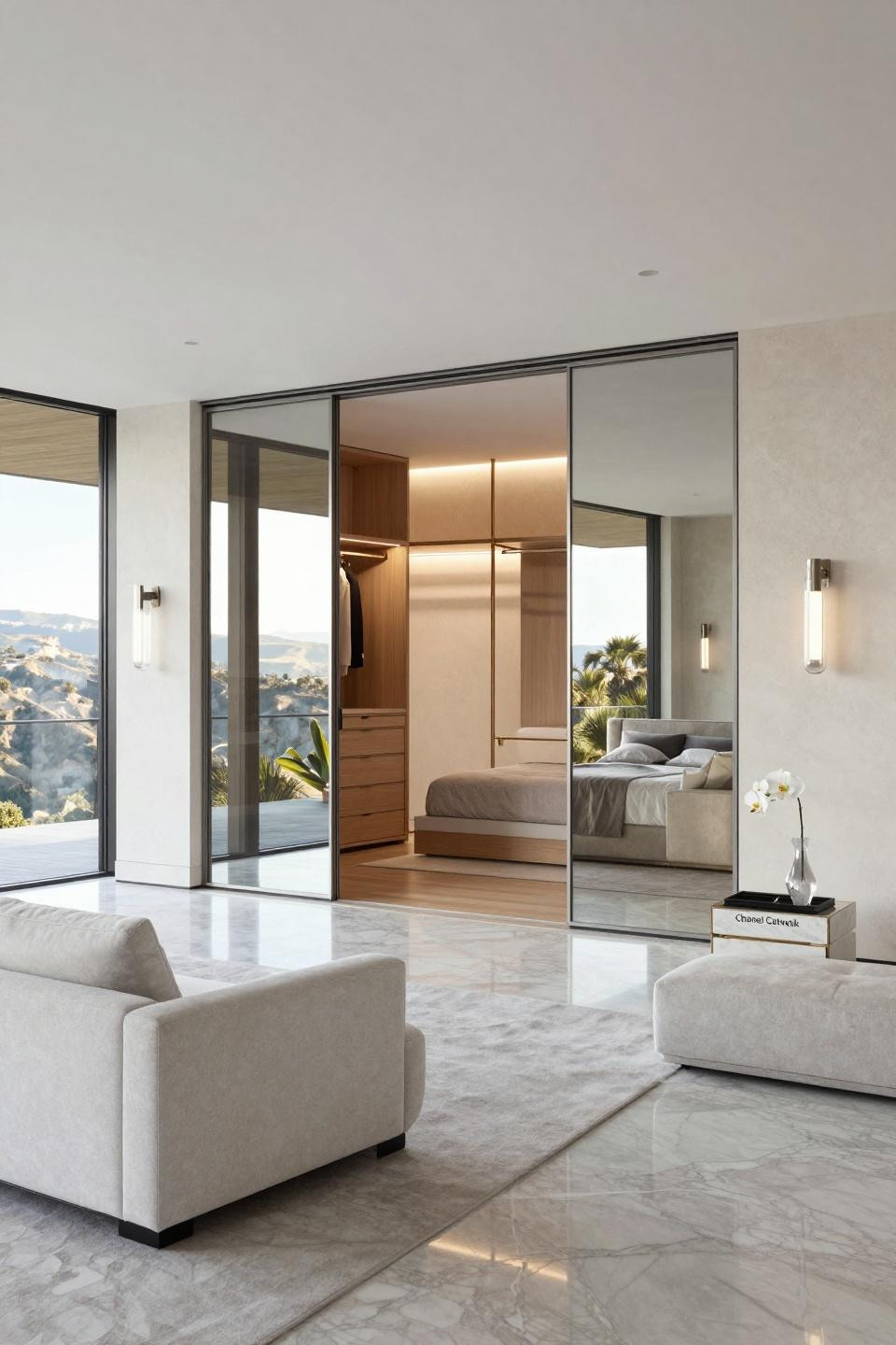 Wall closet with frameless mirror panels and backlit translucent porcelain slabs