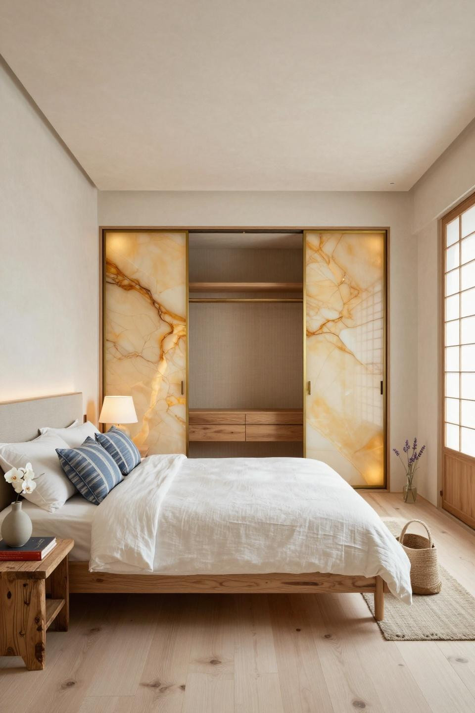 Bedroom cupboard designs colour with backlit honey onyx panels and brushed gold aluminum