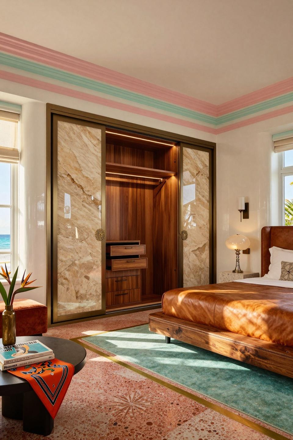 Sliding wardrobe design bedroom ideas with brushed bronze frames and travertine stone panels