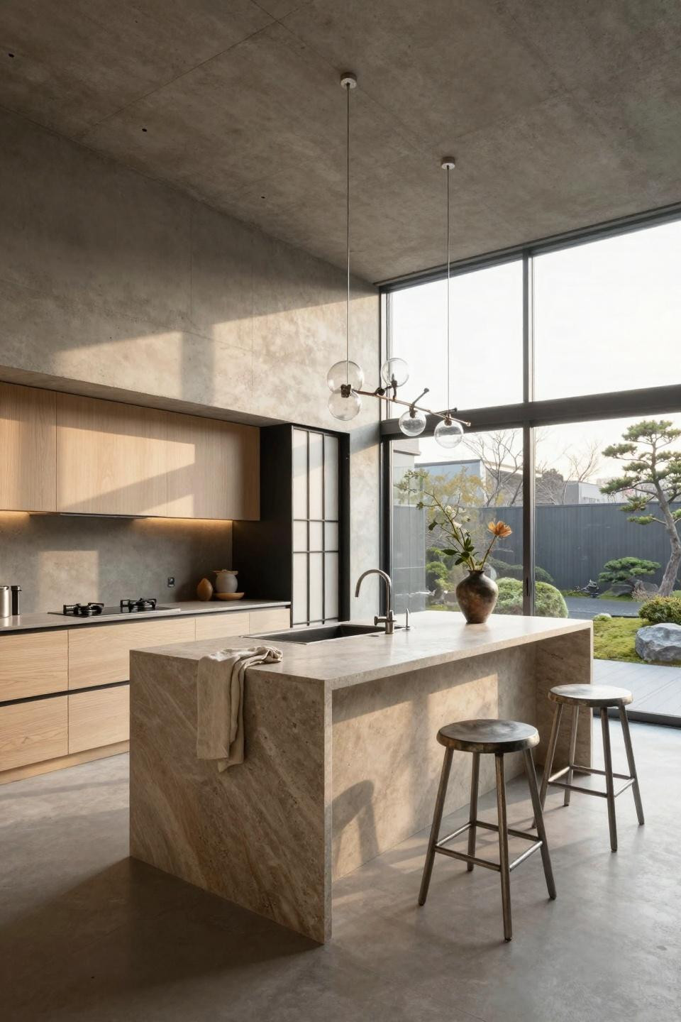 Japandi style kitchen with custom French limestone island and Lindsey Adelman branching chandelier in hand-blown glass
