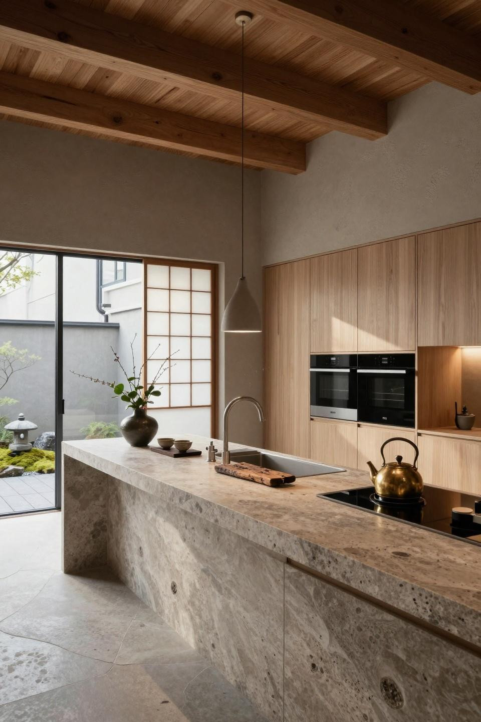 Japandi style kitchen featuring custom-commissioned book-matched limestone island with hand-honed finish and fossil inclusions