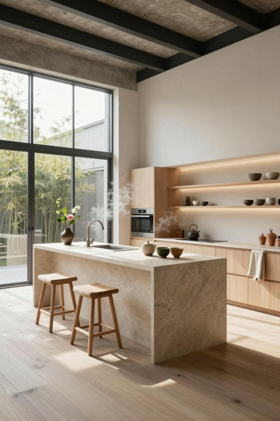 Japandi style kitchen in converted industrial loft with French limestone waterfall island and brushed nickel Vola faucet