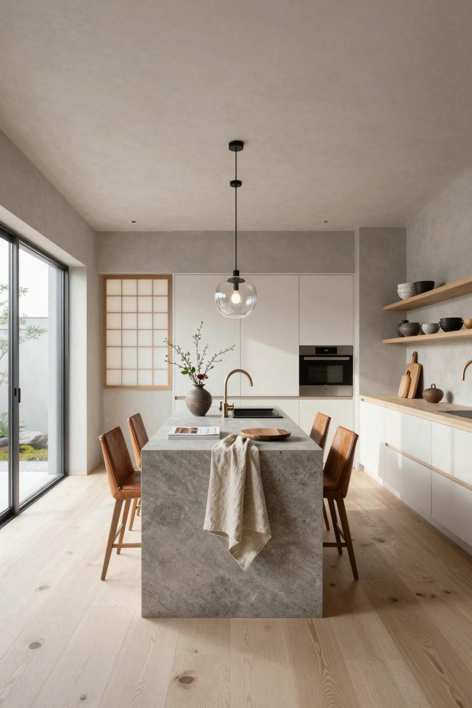 Japandi style kitchen with honed grey stone waterfall island paired with saddle leather bar stools in caramel tones