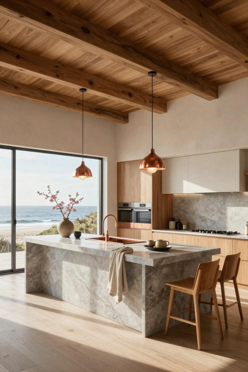 Japandi style kitchen in Malibu beach house featuring book-matched quartzite island with aged copper Waterworks sink