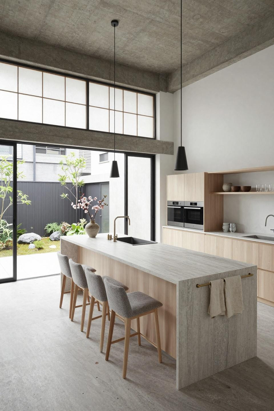 Japandi style kitchen photographed overhead showing custom Boffi island in cerused white oak topped with honed Bianco Carrara limestone