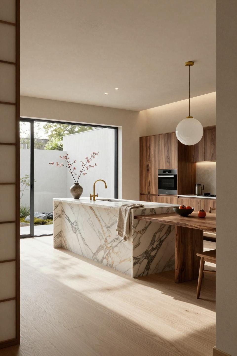 Minimalist kitchen design with book-matched Calacatta Gold marble island and Vola brushed brass faucet