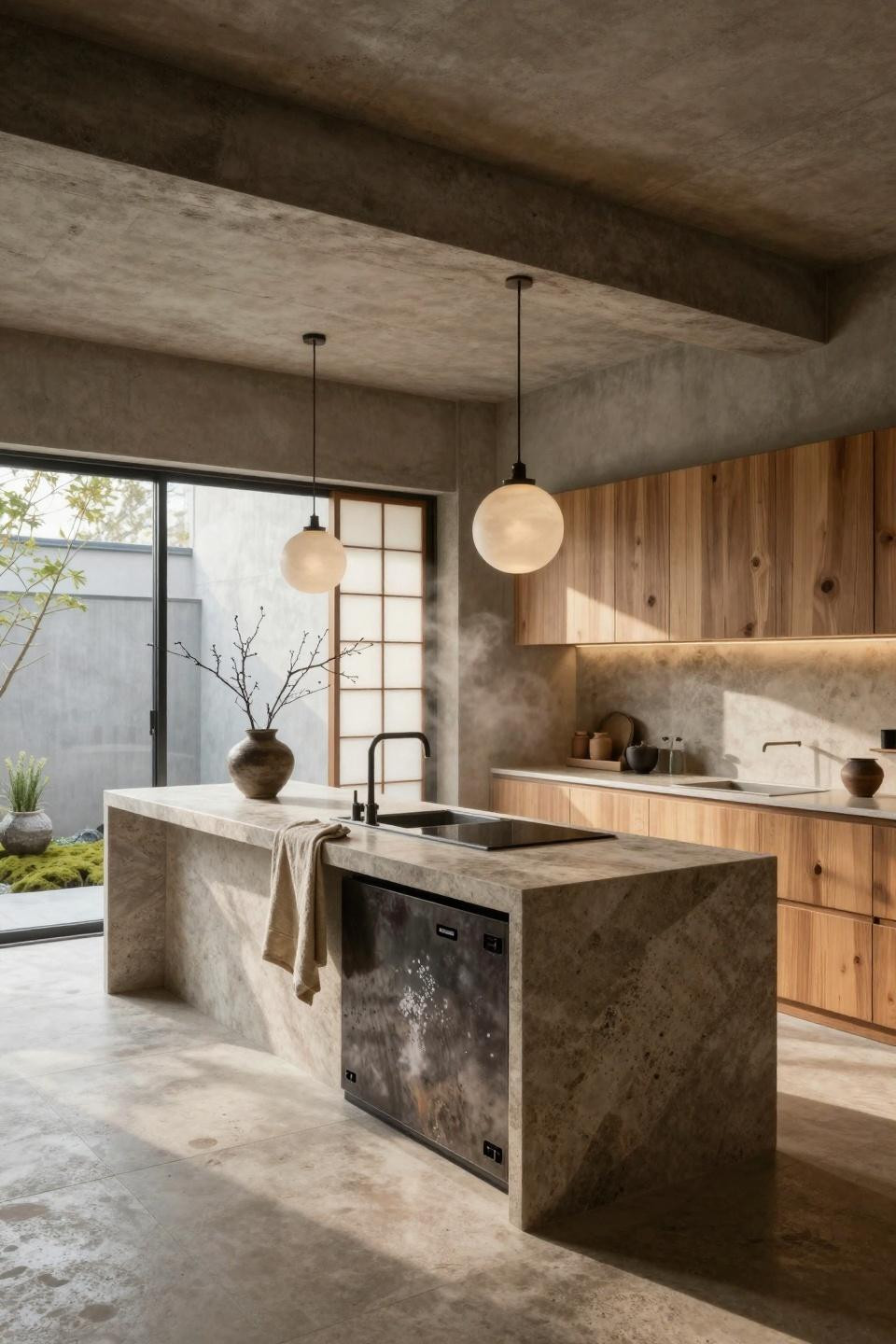 Wabi sabi kitchen featuring book-matched honed granite island with hand-forged iron base showcasing artisanal Japanese metalwork