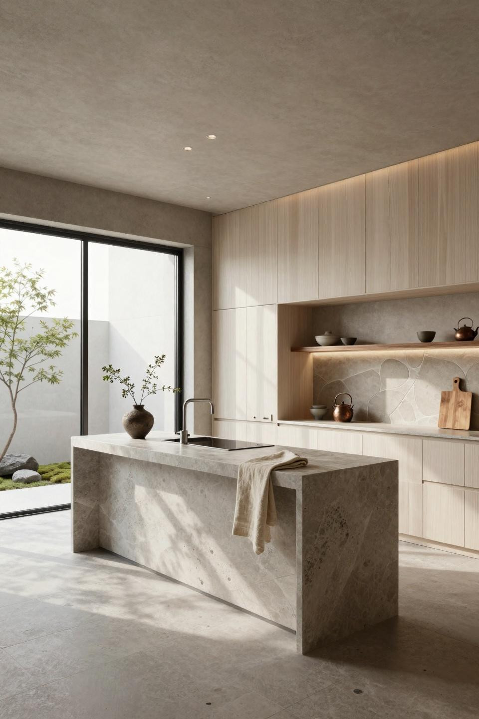 Scandinavian kitchen design with book-matched French limestone waterfall island and integrated Gaggenau cooktop