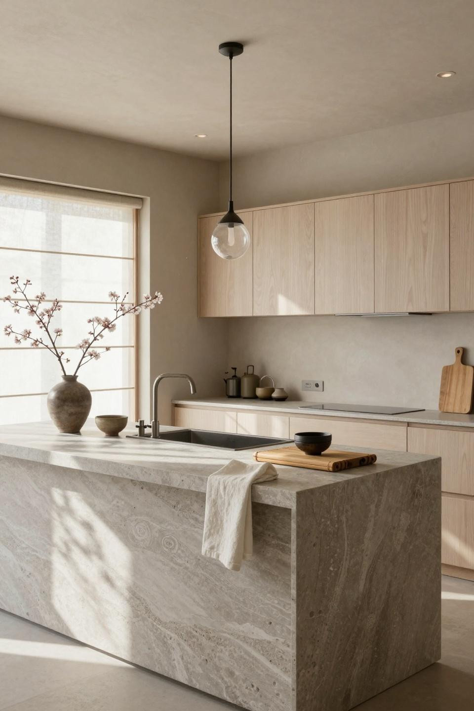 Modern minimalist kitchen featuring honed French limestone countertops with fossil inclusions and waterfall edge detail