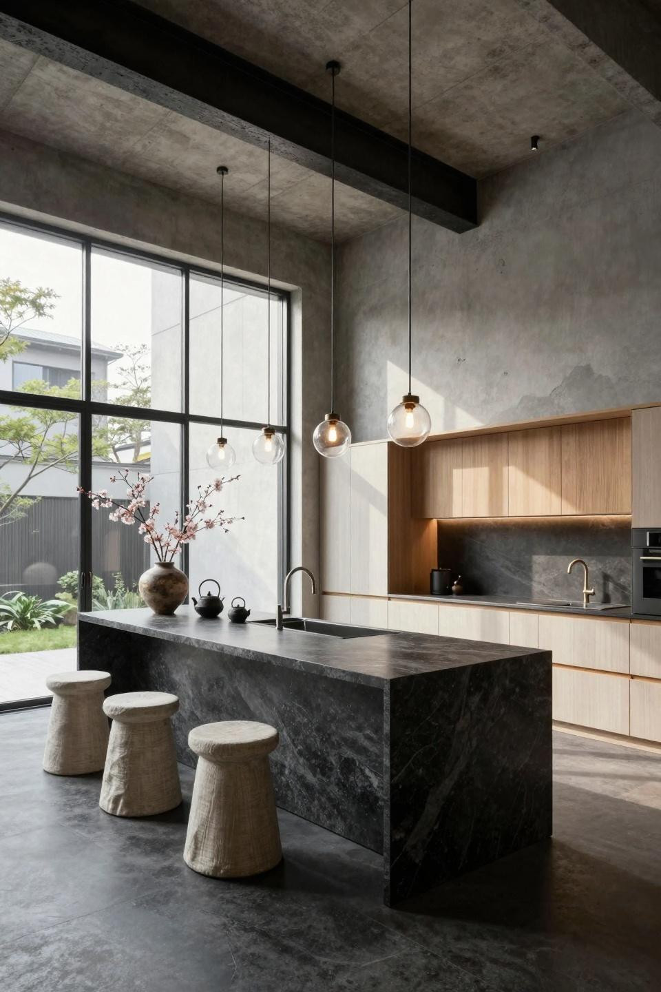 Japandi kitchen island in book-matched honed granite with oil-rubbed iron base designed by Minotti