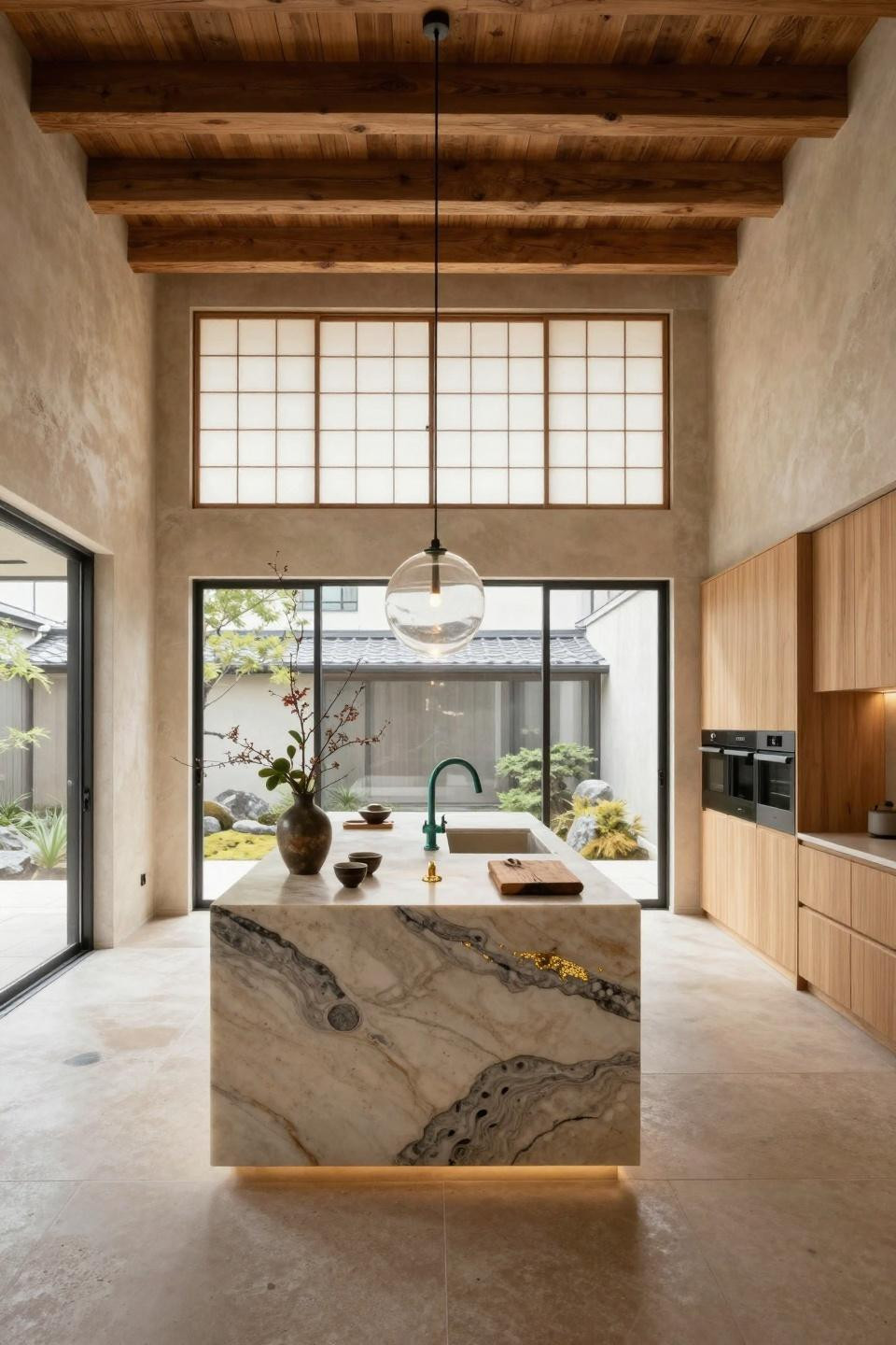 Japandi interiors featuring book-matched onyx island with internal LED backlighting and gold leaf accents