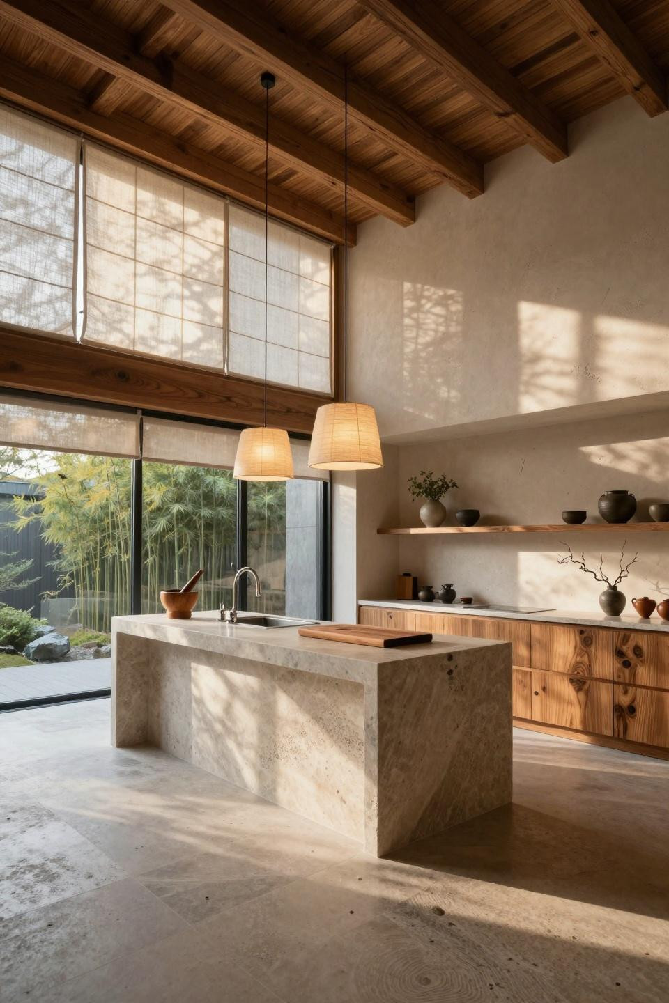 Nordic kitchen design with honed limestone waterfall island photographed from dramatic low perspective
