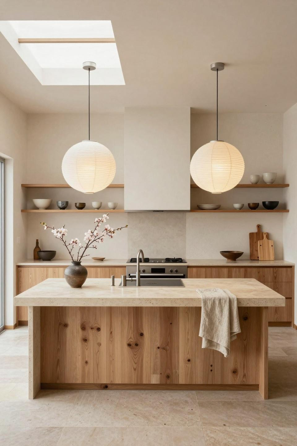 Scandi kitchen design featuring Pietra Serena limestone island photographed from overhead architectural perspective