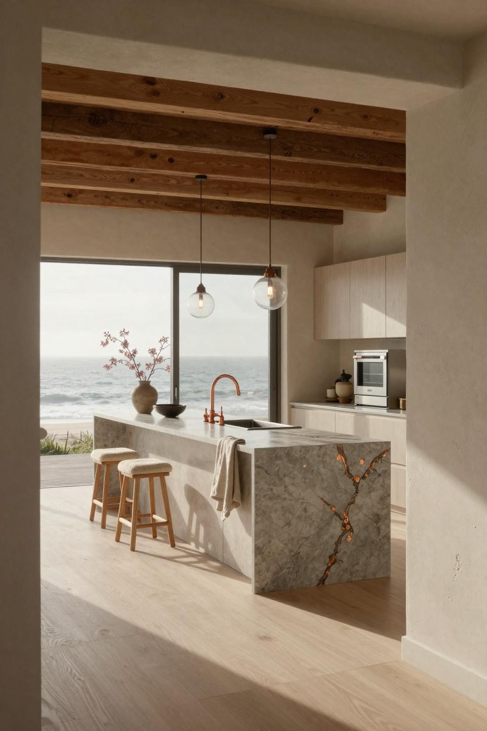 Modern Scandinavian kitchen with honed quartzite waterfall island and aged copper Waterworks fixtures