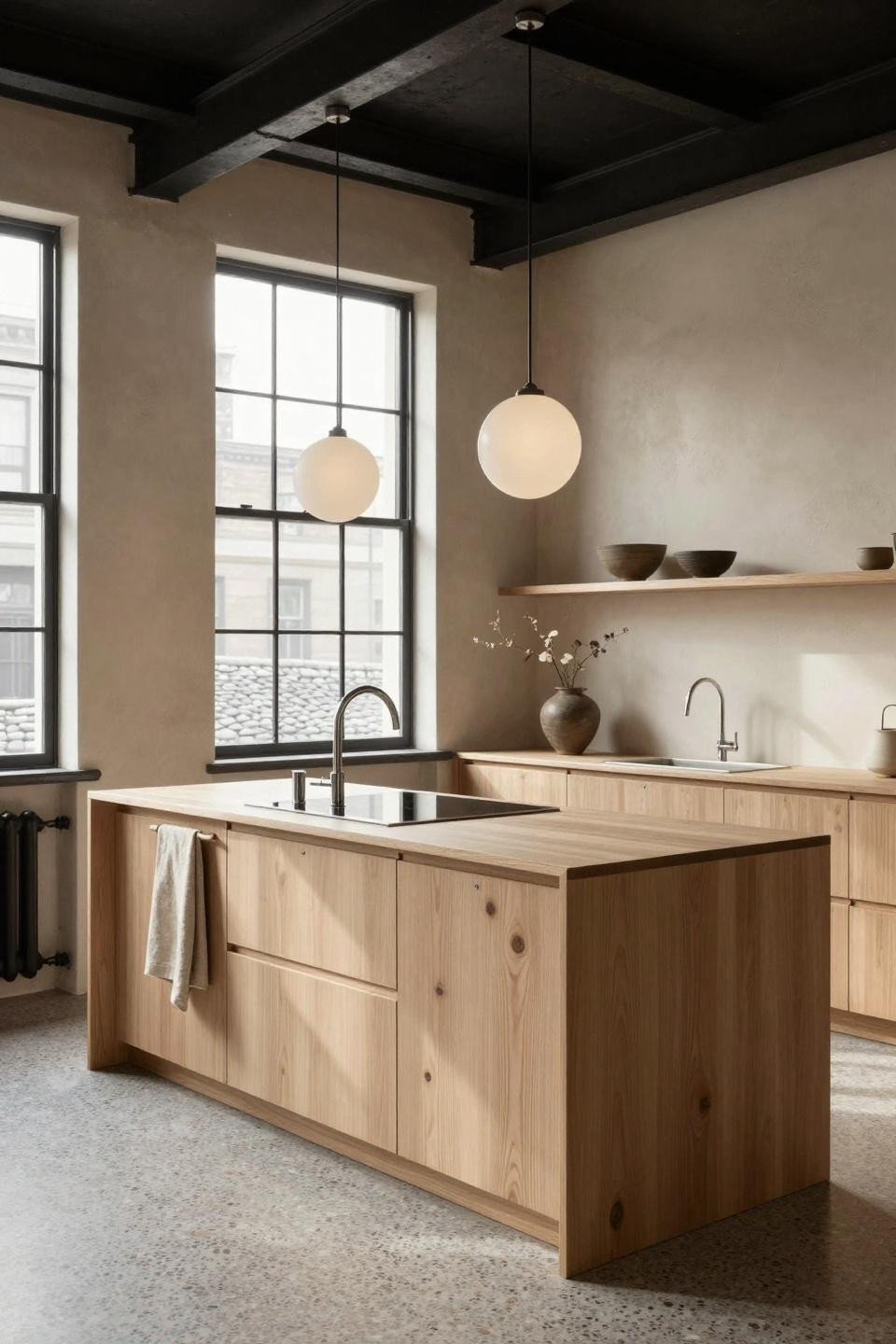 Japandi kitchen design with book-matched white oak waterfall island and brushed chrome Dornbracht faucet