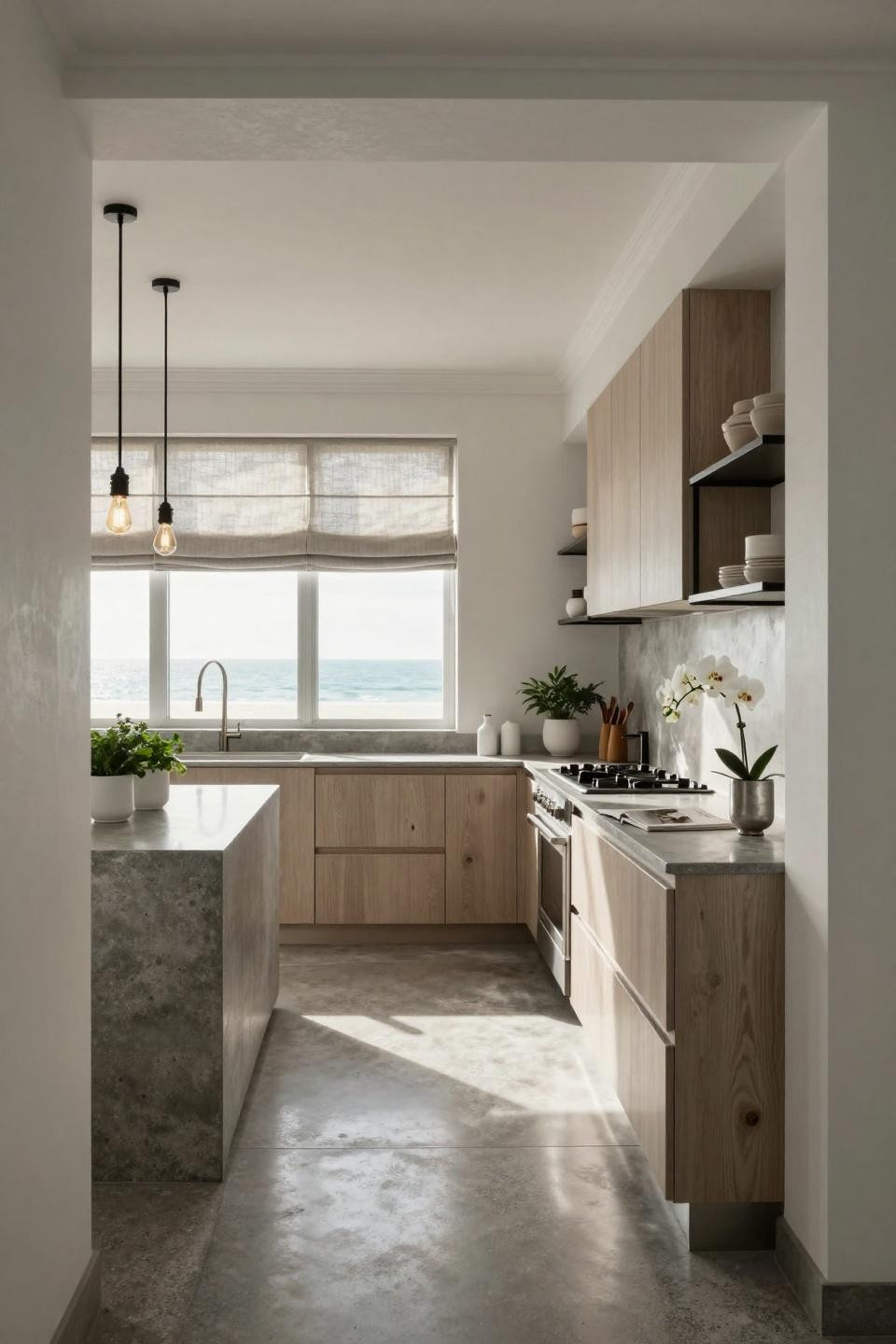 Modular kitchen interior with concrete surfaces and minimalist aesthetic