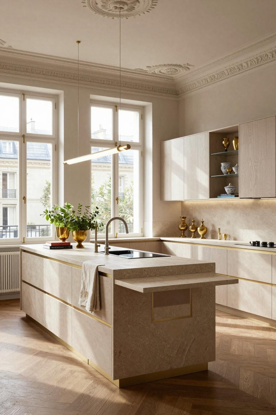 Modular kitchen interior with French limestone and brass details