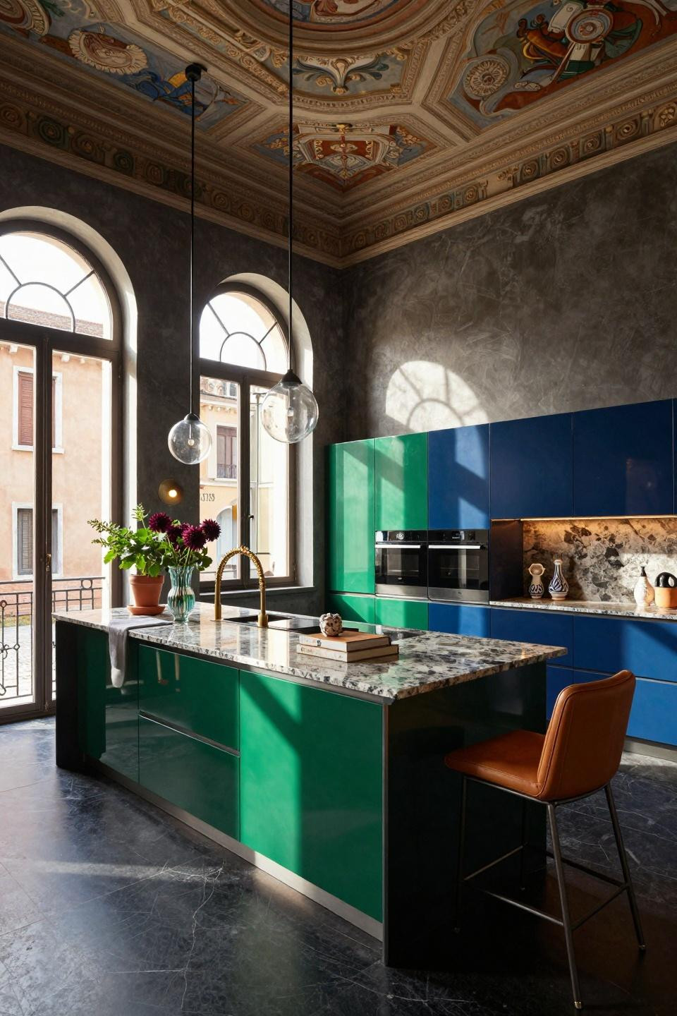 Modular kitchen interior with jewel-tone cabinetry and granite surfaces