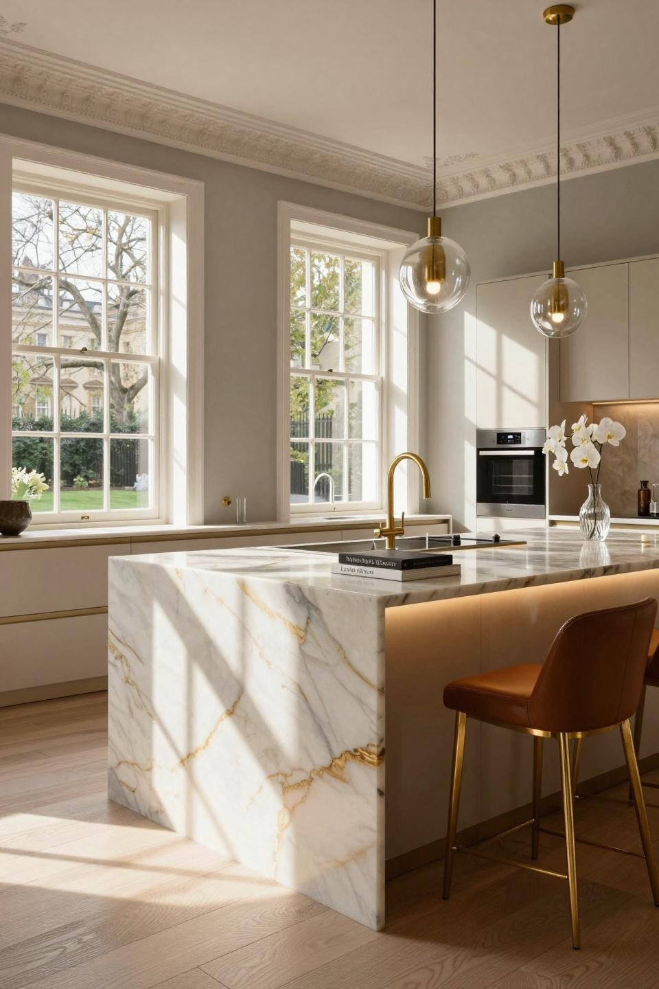 Modular kitchen interior with gold fixtures and onyx island