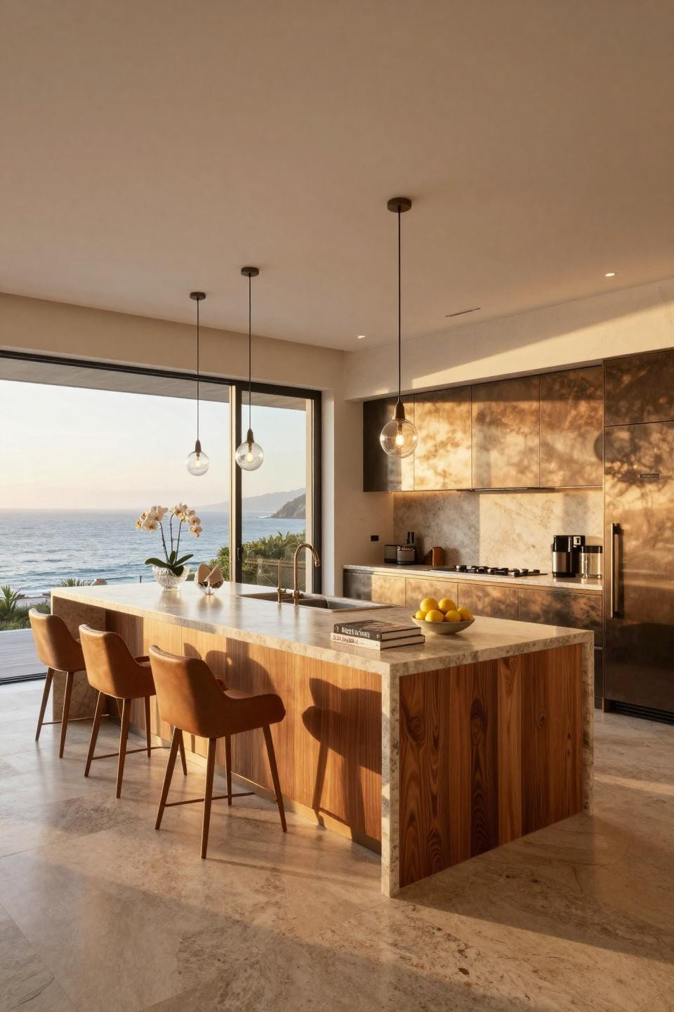 Modular kitchen interior with bronze hardware and travertine surfaces