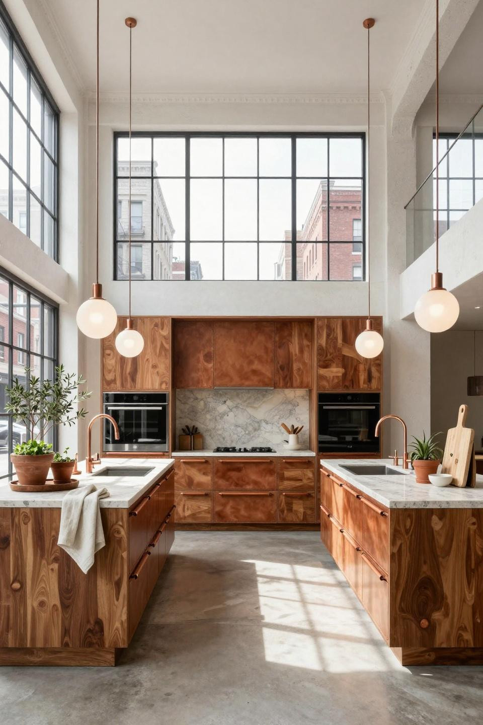 Open kitchen design with natural teak and limestone materials
