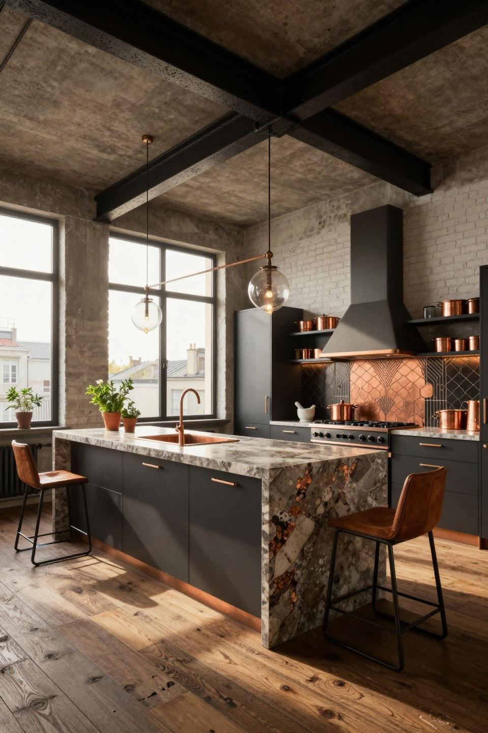Modular kitchen colour combination with copper and charcoal materials