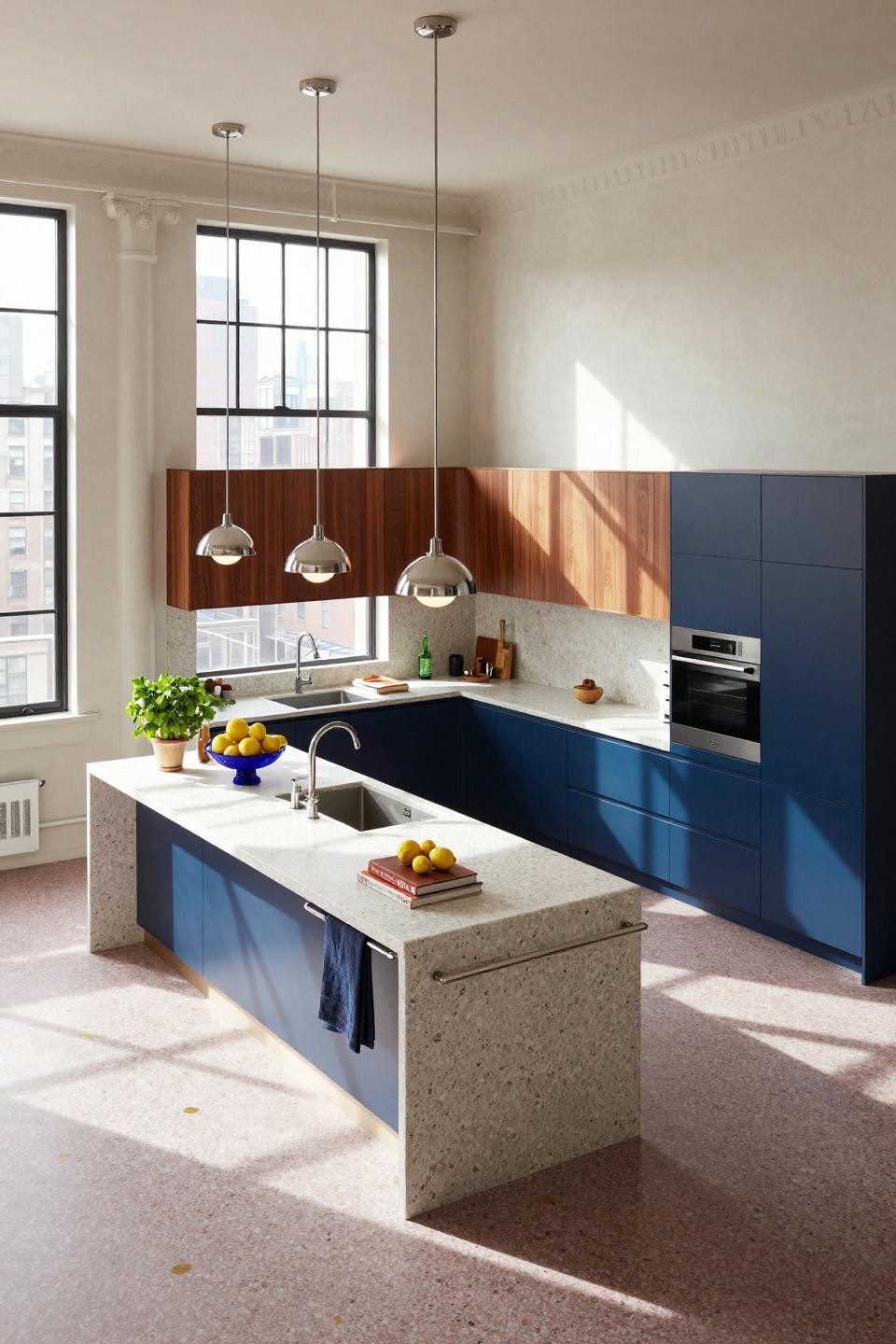 Kitchen modular colors with navy cabinetry and terrazzo surfaces
