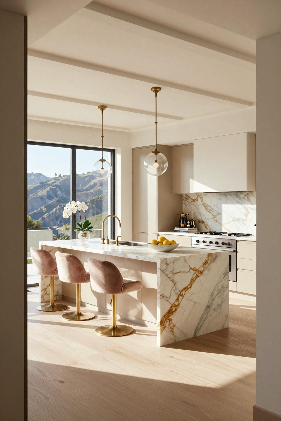 Non modular kitchen ideas with marble waterfall island and brass fixtures
