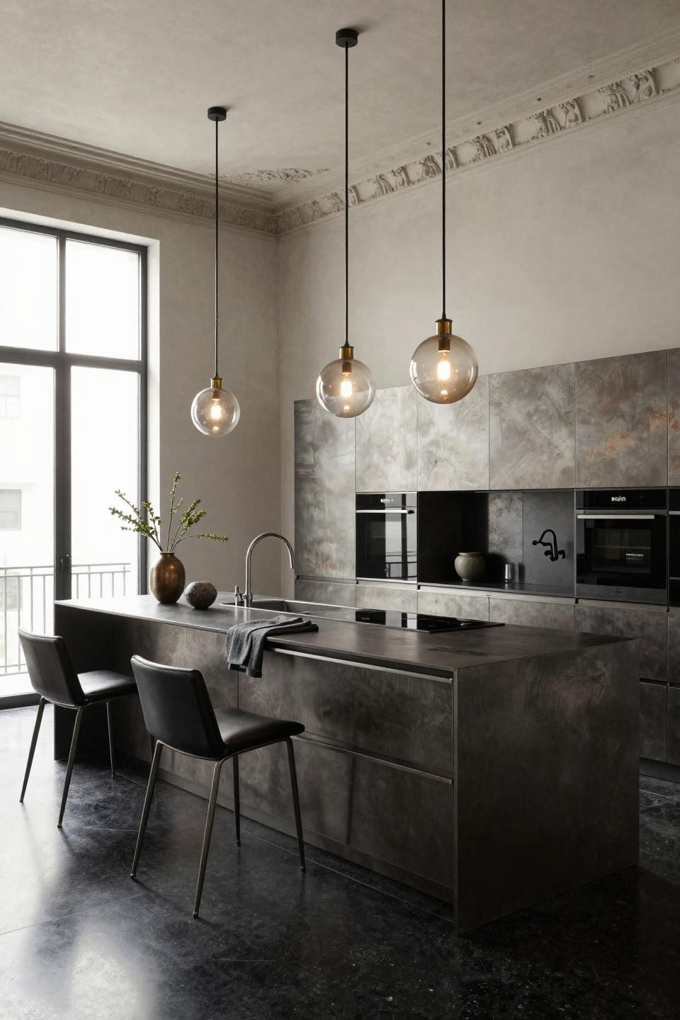 Small modular kitchen ideas with brushed steel and ebony veneer