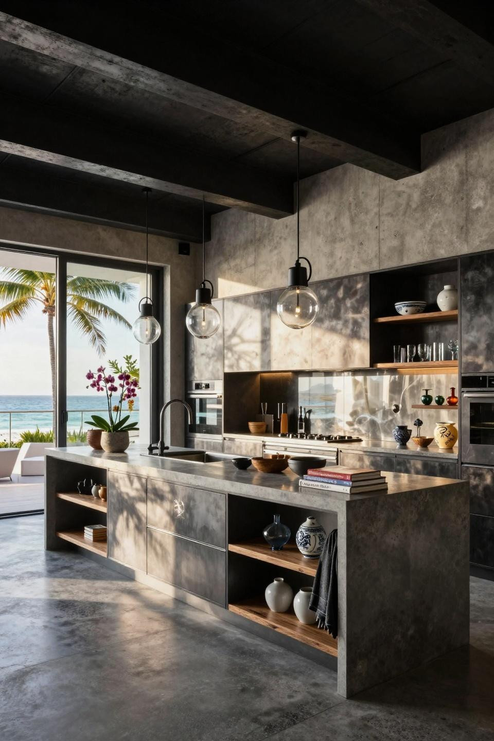 L shaped kitchen interior with concrete and steel industrial materials